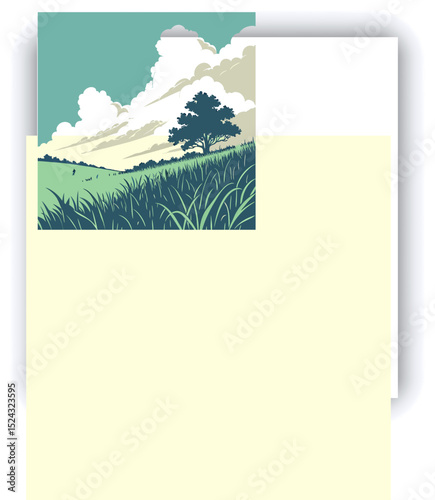 A vast landscape of a field of tall, vibrant green grass stretches across the horizontal middle ground.  A vibrant, clear blue sky fills the upper portion of the image, dotted with large, fluffy, whit