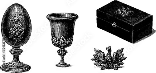 Elegant antique collection of fabergé egg chalice jewelry box and mythical creature