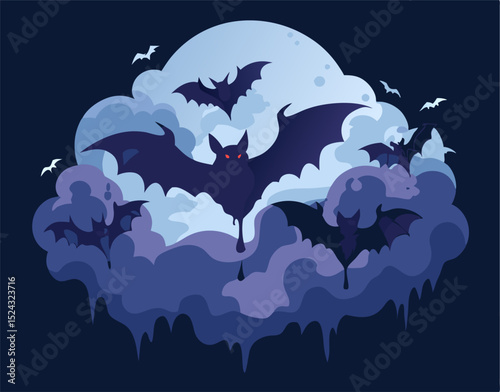 Halloween Bats Flying in Night Sky Moon Cloud