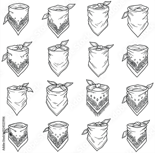 Vector collection of classic bandana designs with diverse outlines and paisley patterns. Ideal for streetwear, western, fashion, and accessory projects.