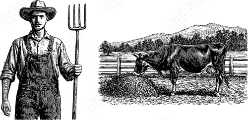 Engraved illustration of farmer with pitchfork and cow in rural landscape