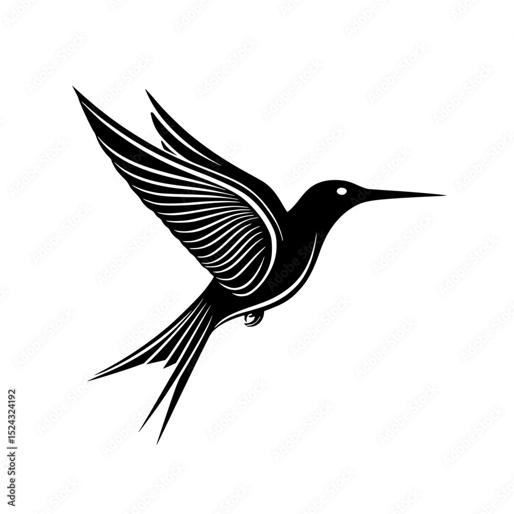Obraz premium black and white silhouette of a small bird with spread wings bird, black, hummingbird, icon, silhouette, small, tattoo, wing , Generative art.