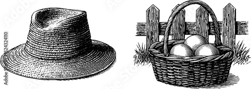 Vintage engraved farm life illustration set featuring hat and chick for rustic design