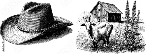 Rustic farming life engraving with straw hat and goat in countryside setting