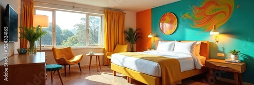 Stylish motel room interior with mid-century modern furniture, vibrant decor, and large windows offering natural light Perfect for travel, vacation, or getaway imagery , lamp, geometric