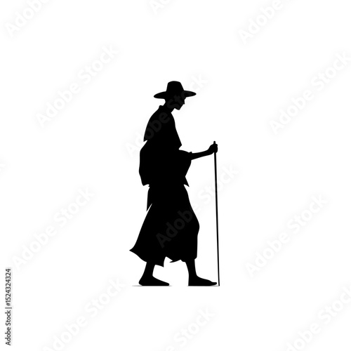 a black silhouette of an old man in a hat, walking with a long stick black, cane, hat, long, man, old, silhouette, stand, stick, walk, woman , Generative art.