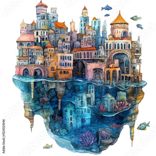 Underwater Cities, watercolor drawing vector, high quality, isolated on a white background.