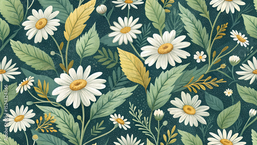 Seamless pattern of white and yellow daisies with fresh green leaves on dark and pastel green backgrounds.