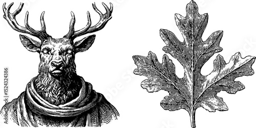 Engraved illustration set featuring forest guardian and oak leaf design