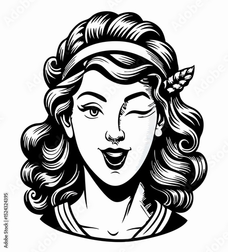 Winking Retro Woman Illustration, Vintage Style Portrait, Black and White