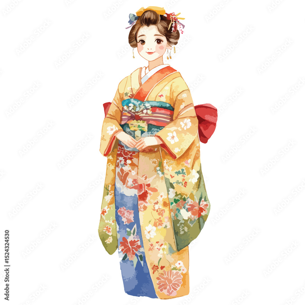 Watercolor Illustration of a Japanese Geisha in Traditional Kimono Smiling