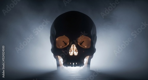 Illuminated Skull in Mist - A human skull is dramatically lit from below, shrouded in ethereal mist. Spooky and mysterious photo