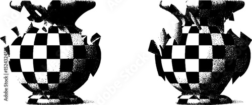 Engraved illustration of fractured grid vases with intricate patterns