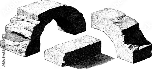 Architectural fragments engraving: fractured stair limbs and arched stone structure design