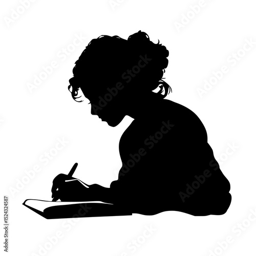 black silhouette of a girl writing in a book black, book, girl, notebook, silhouette, sit, woman, write , Generative art.