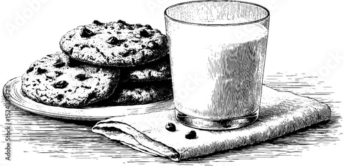Engraved illustration of freshly baked cookies and a glass of milk for culinary design