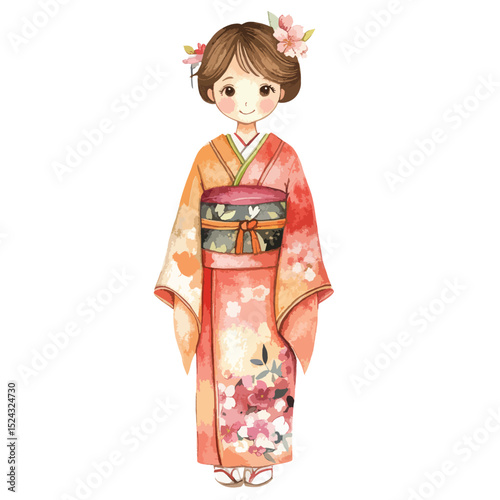Watercolor Illustration of a Japanese Woman in a Floral Kimono