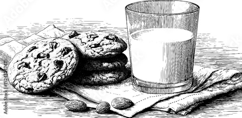 Engraved cookie illustrations with milk and nuts for food art and decor