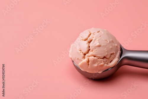 Strawberry Ice Cream Scoop: A delightful single scoop of strawberry ice cream is held aloft in a metal scoop, offering a sweet visual treat against a soft pink backdrop.