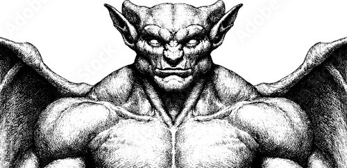 Detailed engraved illustration of gargoyle and stone figure set for artistic design