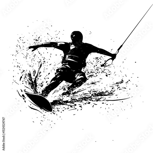 a black and white illustration of a surfer riding a wave on a surfboard black, board, illustration, man, ride, silhouette, surf, surfboard, surfer, wave , Generative art.