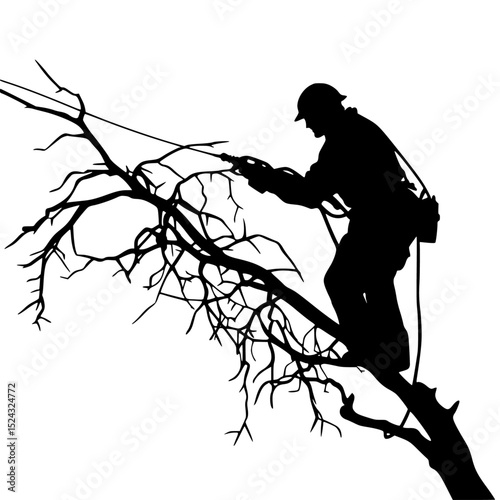 a black and white silhouette of a man cutting branches off a tree black, branch, cut, man, silhouette, tree, tree branch, work , Generative art.