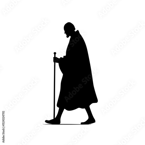 a black silhouette of an old man walking with a cane black, cane, man, old, robe, silhouette, stick, walk , Generative art.