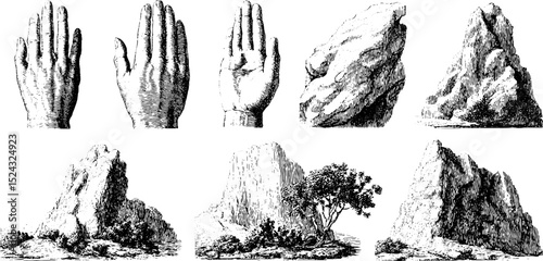 Engraved illustration of giant hands and mountain landscapes for artistic design