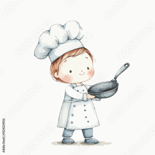 Watercolor Illustration of a Joyful Toddler Chef Holding a Frying Pan