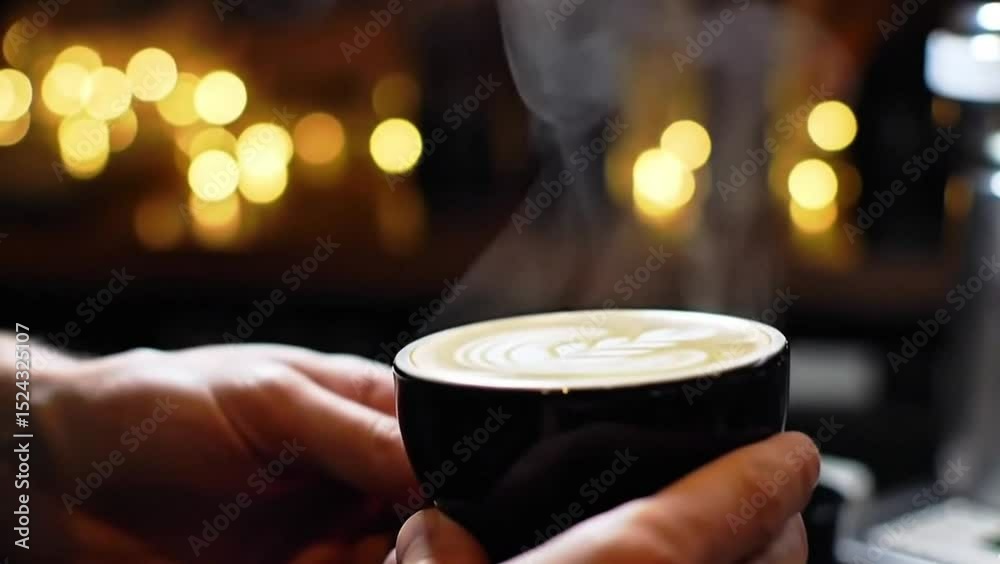 A hand gently cradles a steaming cup of freshly brewed coffee, capturing the essence of warmth and comfort, with the delicate swirl of art. The aroma of rich, freshly ground coffee.