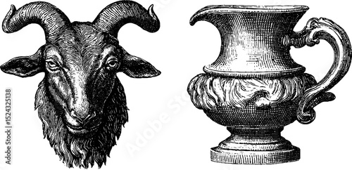 Engraved illustration set featuring a goat and ornate pitcher design for artistic decor