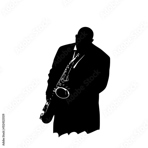 a silhouette of a man in a suit playing a saxophone black, instrument, man, play, saxophone, silhouette, suit , Generative art.