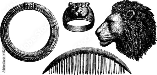 Engraved jewelry collection featuring gold necklace and lion motif accessories
