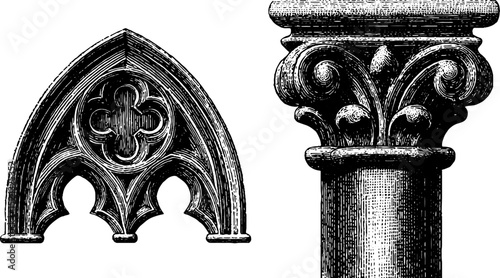 Gothic architecture elements - engraved illustrations of pointed arch and ornate column