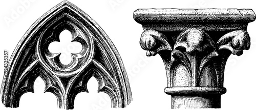 Engraved gothic architecture elements with pointed arch and decorative column capital