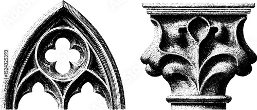 Gothic architecture elements engraving: pointed arch and decorative column design