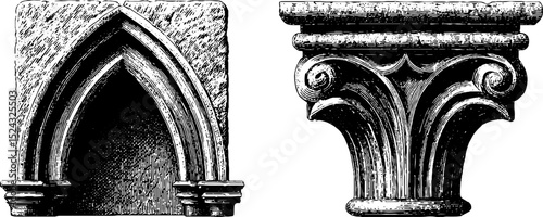 Gothic stone arch engraving set for design and decoration projects