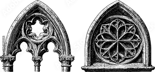 Gothic tracery window engravings set for architectural design and historical study