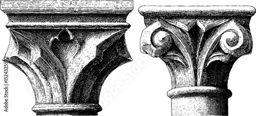 Intricate gothic stone arch designs engraved illustration set for architectural inspiration
