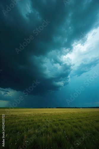 Dramatic stormy sky over a vast, empty field, dark clouds rolling in, heavy rain imminent Perfect for weather reports, climate change articles, or moody atmospheric imagery , landscape, bleak