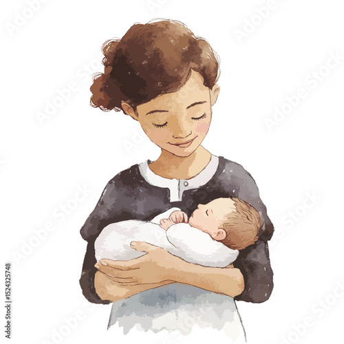 Watercolor Illustration of a Mother Gently Holding Her Sleeping Newborn Baby