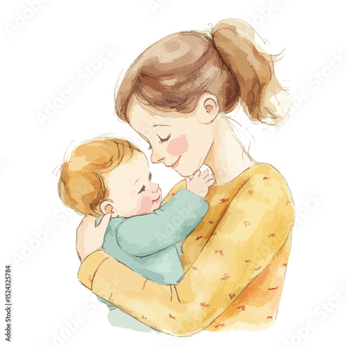 Watercolor illustration of a mother lovingly holding her baby close
