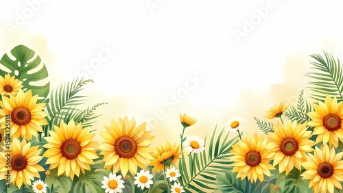 Watercolor sunflower and daisy border with tropical leaves on a light background