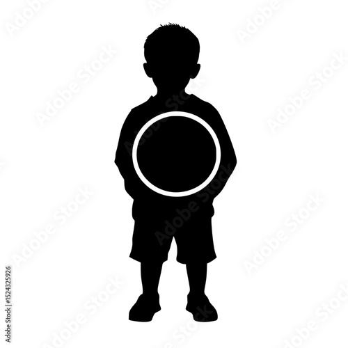 black silhouette of a little boy standing and holding a circle black, boy, child, circle, hold, icon, kid, little, silhouette, stand, young , Generative art.