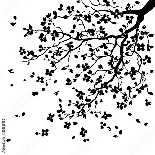 black silhouette of a tree with branches and flowers black, branch, flower, silhouette, tree, tree branch , Generative art.