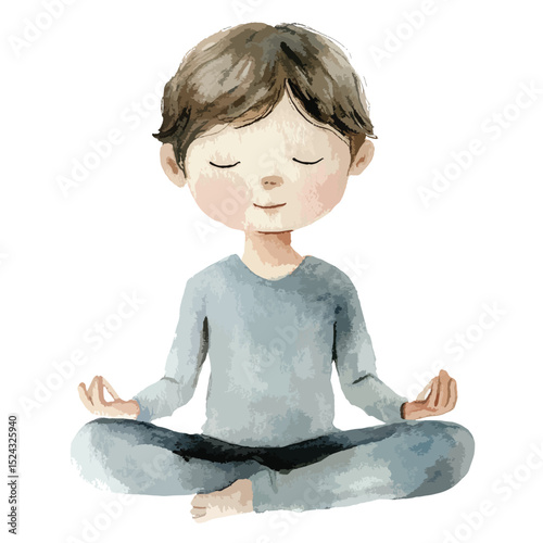 Watercolor Illustration of a Peaceful Child in Meditation Pose