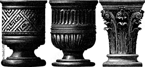 Detailed engraved illustrations of hellenistic columns for historical design