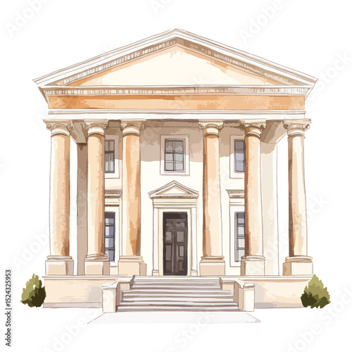 Watercolor illustration of a neoclassical building with columns and steps
