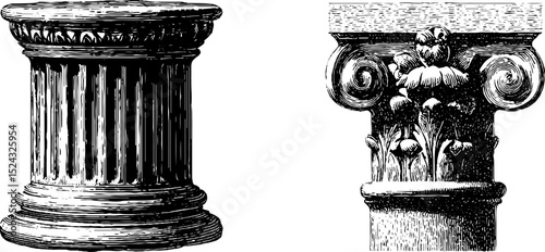 Hellenistic columns engraving set featuring intricate architectural designs for art projects
