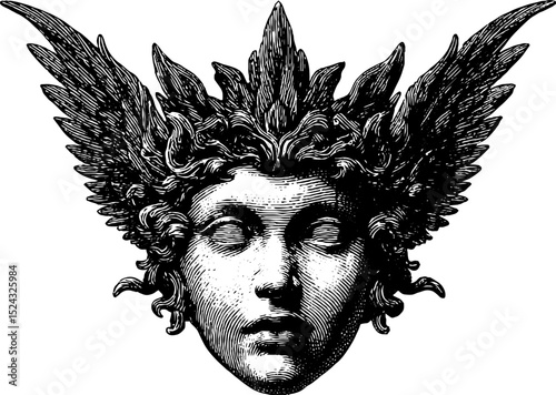 Engraved harpy queen illustration with detailed wings for fantasy design